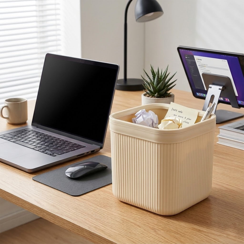 Minimalist Square Desktop Trash Can with Integrated Pressure Ring