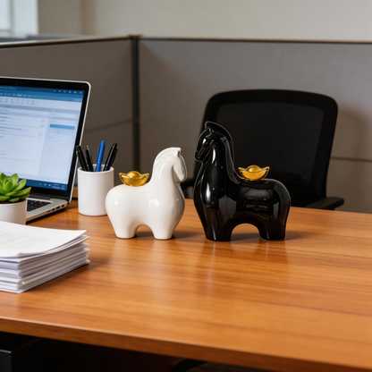 Prosperity Ceramic Horse Duo - Minimalist Desktop Art Set
